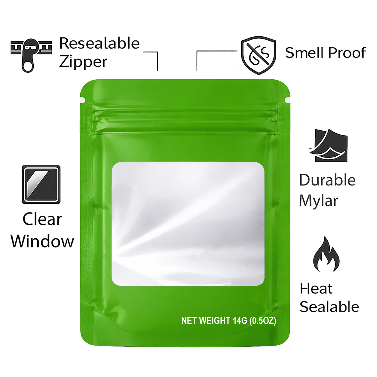 50 Pack – 14g Solid Color Mylar Bags with Square Window - Green