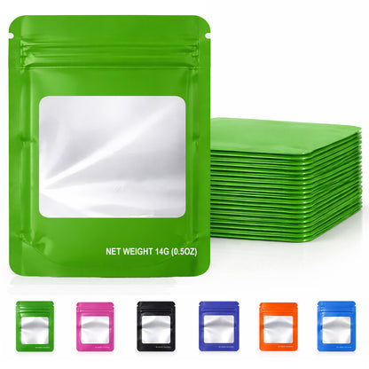 50 Pack – 14g Solid Color Mylar Bags with Square Window - Green