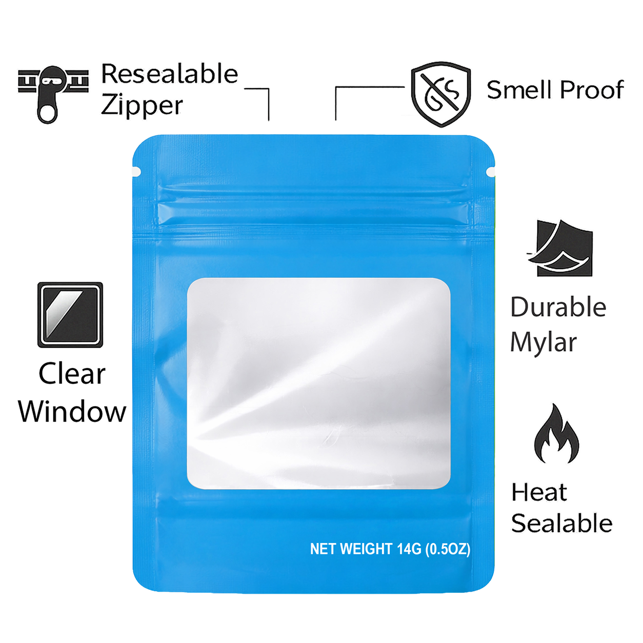 50 Pack – 14g Solid Color Mylar Bags with Square Window -  Light Blue