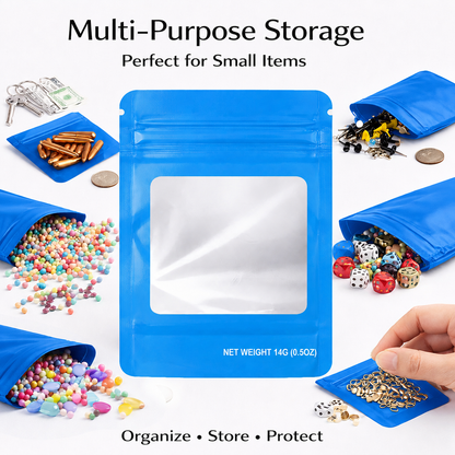 50 Pack – 14g Solid Color Mylar Bags with Square Window -  Light Blue