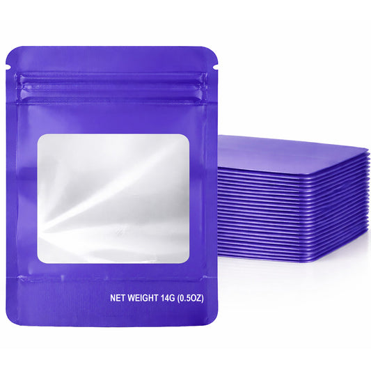 50 Pack – 14g Solid Color Mylar Bags with Square Window - Purple