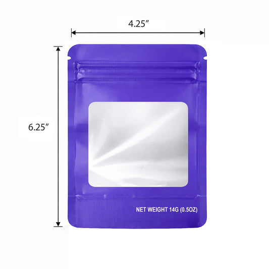 50 Pack – 14g Solid Color Mylar Bags with Square Window - Purple