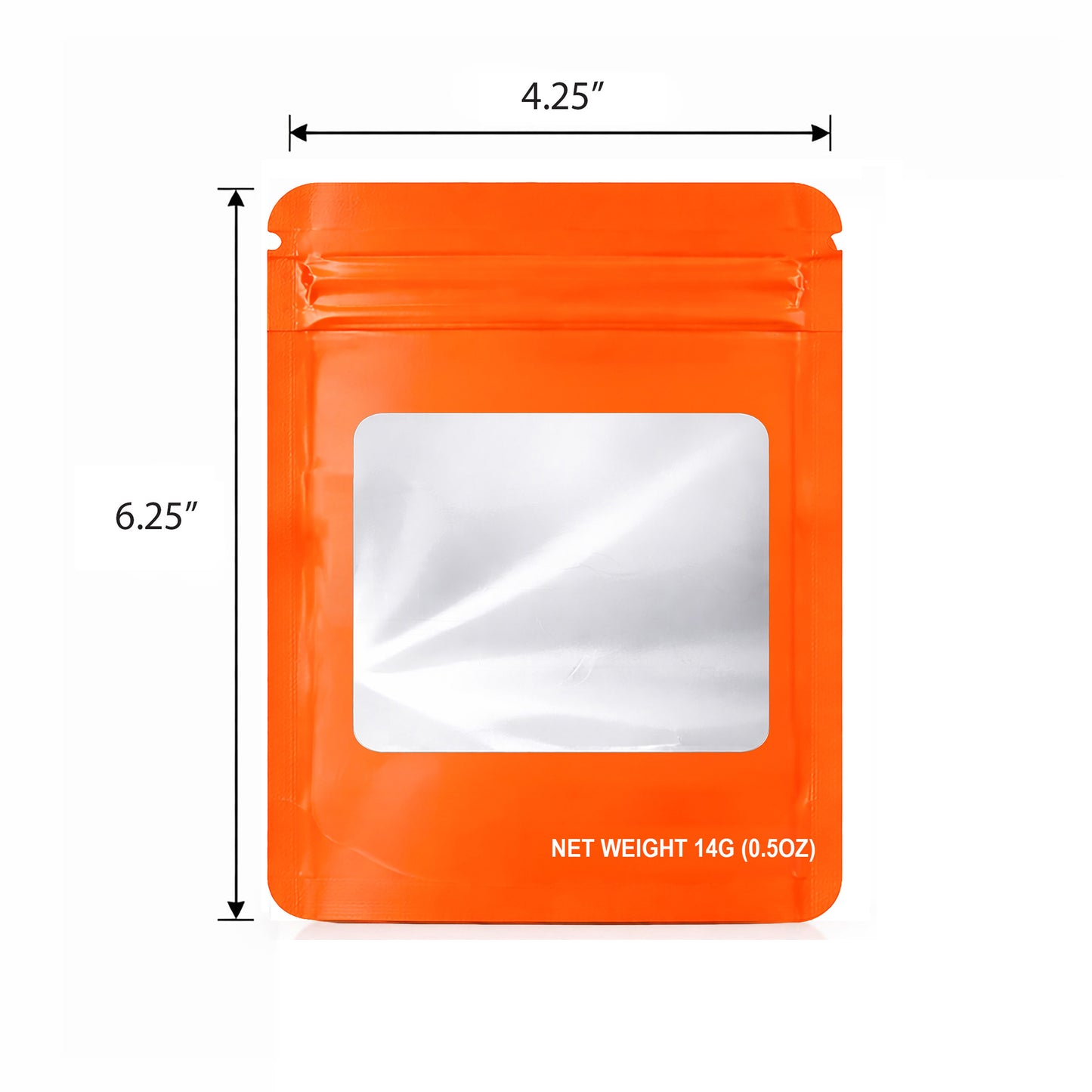 50 Pack – 14g Solid Color Mylar Bags with Square Window - Orange