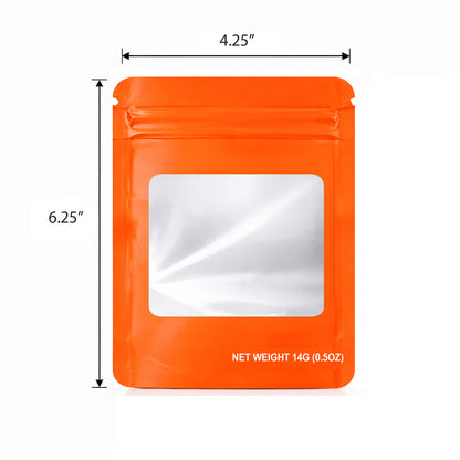 50 Pack – 14g Solid Color Mylar Bags with Square Window - Orange