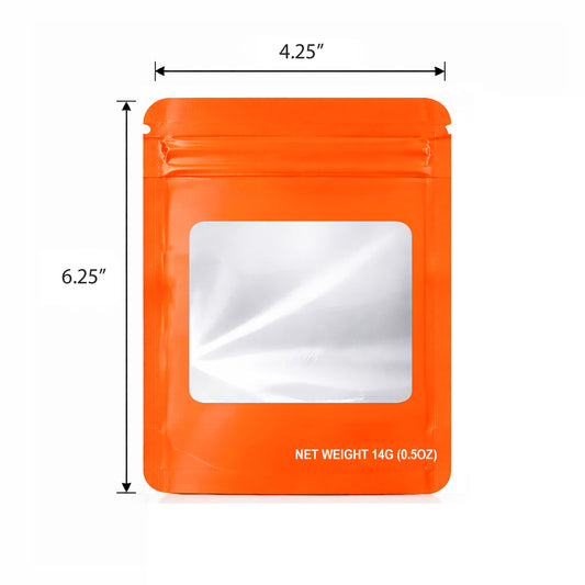 50 Pack – 14g Solid Color Mylar Bags with Square Window - Orange
