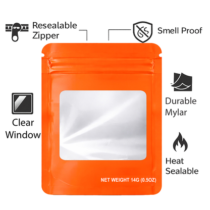 50 Pack – 14g Solid Color Mylar Bags with Square Window - Orange