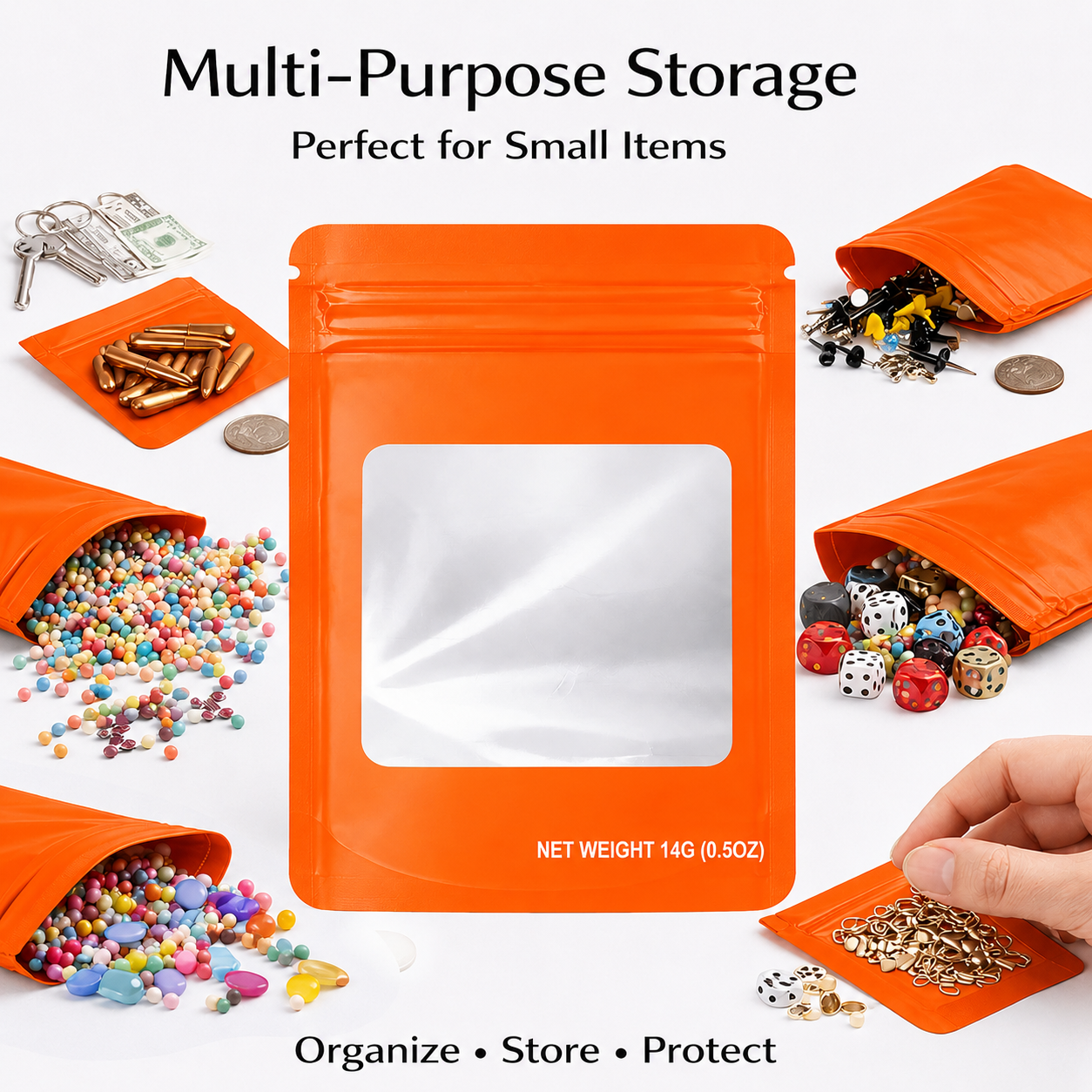50 Pack – 14g Solid Color Mylar Bags with Square Window - Orange