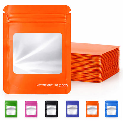 50 Pack – 14g Solid Color Mylar Bags with Square Window - Orange