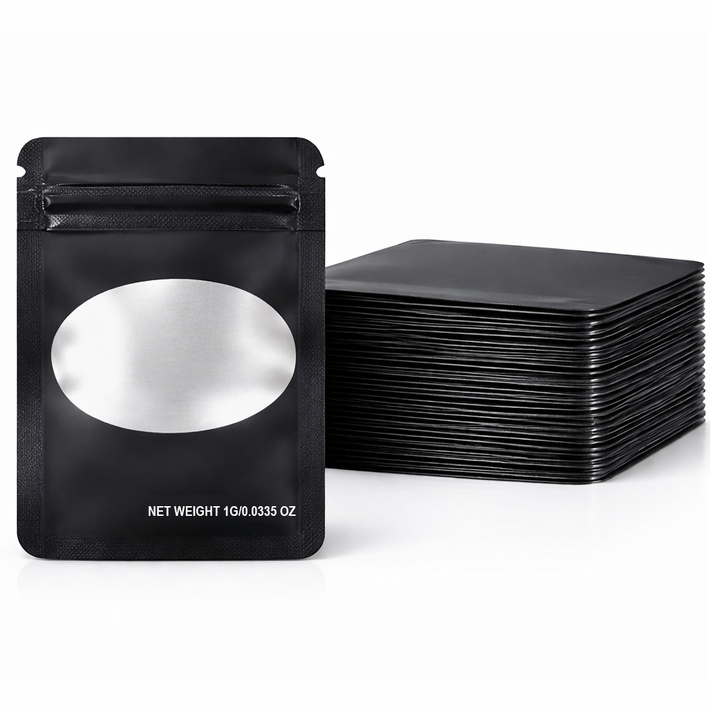 100 Pack – 1g Solid Color Mylar Bags with Oval Window - Black