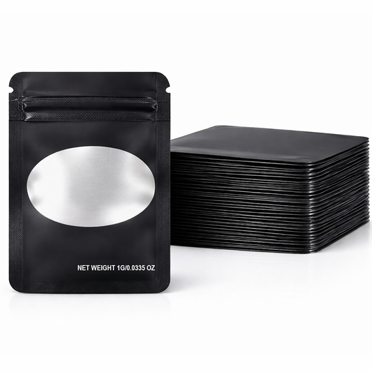 100 Pack – 1g Solid Color Mylar Bags with Oval Window - Black
