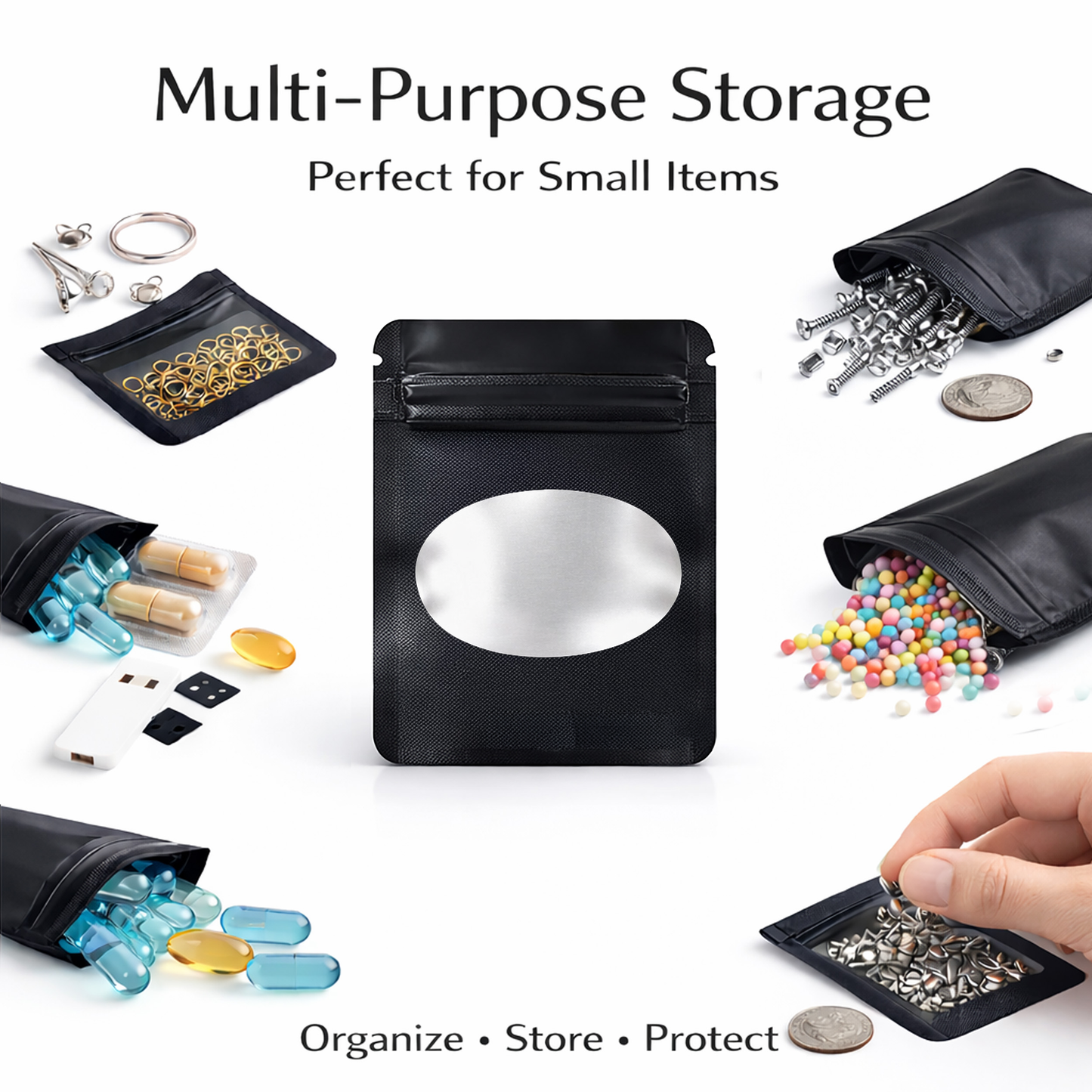 100 Pack - Mini Solid Color Zip-Seal Foil Pouches (2.6"x3") Oval Style Selection