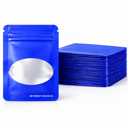 100 Pack – 1g Solid Color Mylar Bags with Oval Window - Royal Blue