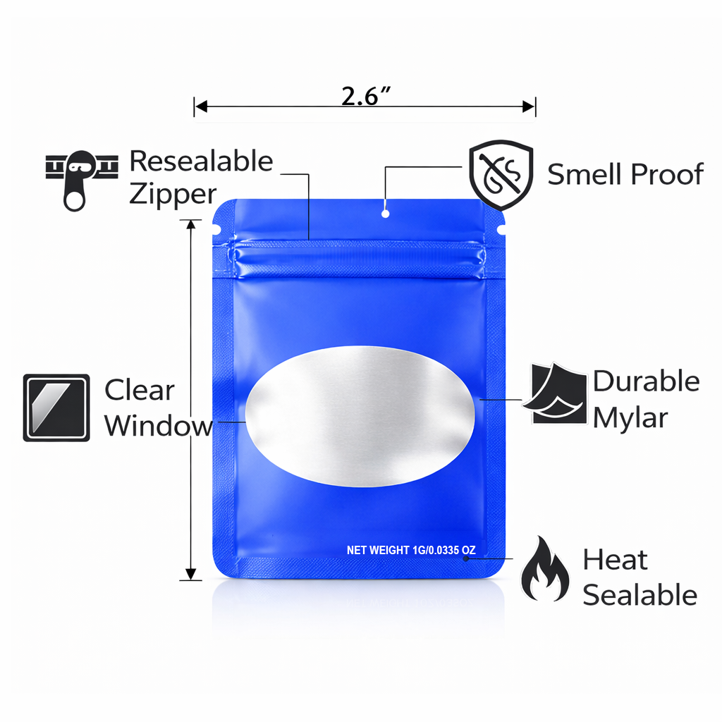 100 Pack – 1g Solid Color Mylar Bags with Oval Window - Royal Blue