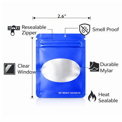 100 Pack – 1g Solid Color Mylar Bags with Oval Window - Royal Blue