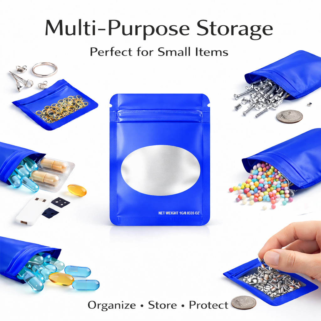 100 Pack – 1g Solid Color Mylar Bags with Oval Window - Royal Blue