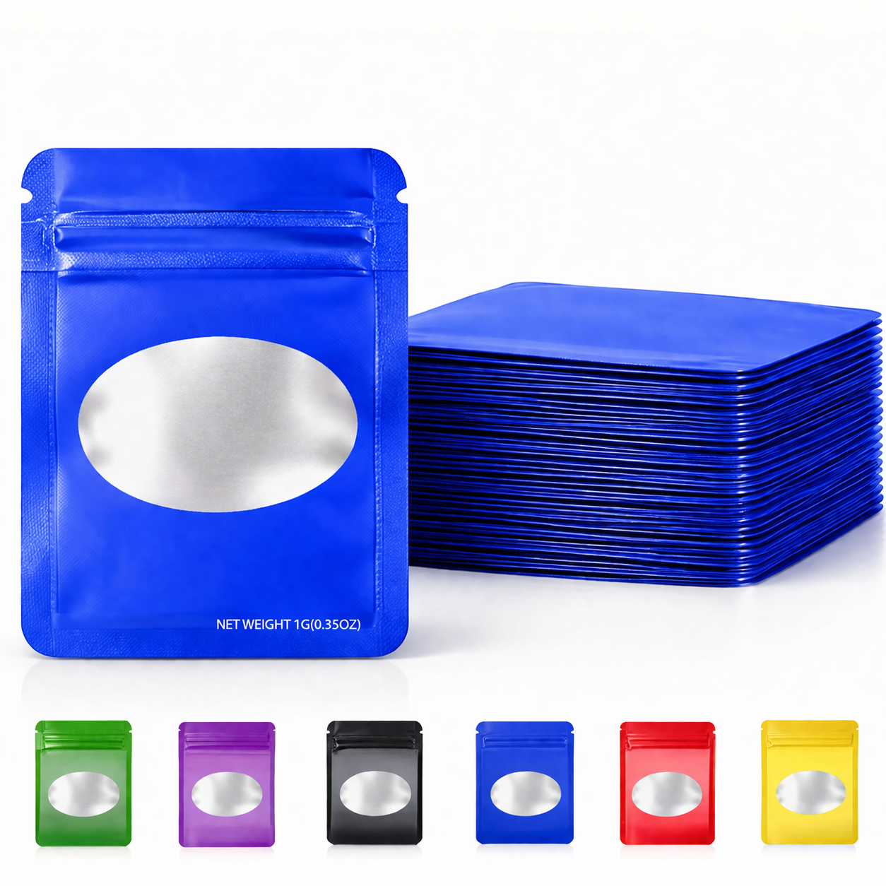 100 Pack – 1g Solid Color Mylar Bags with Oval Window - Royal Blue