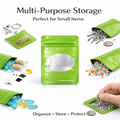 100 Pack – 1g Solid Color Mylar Bags with Oval Window - Green
