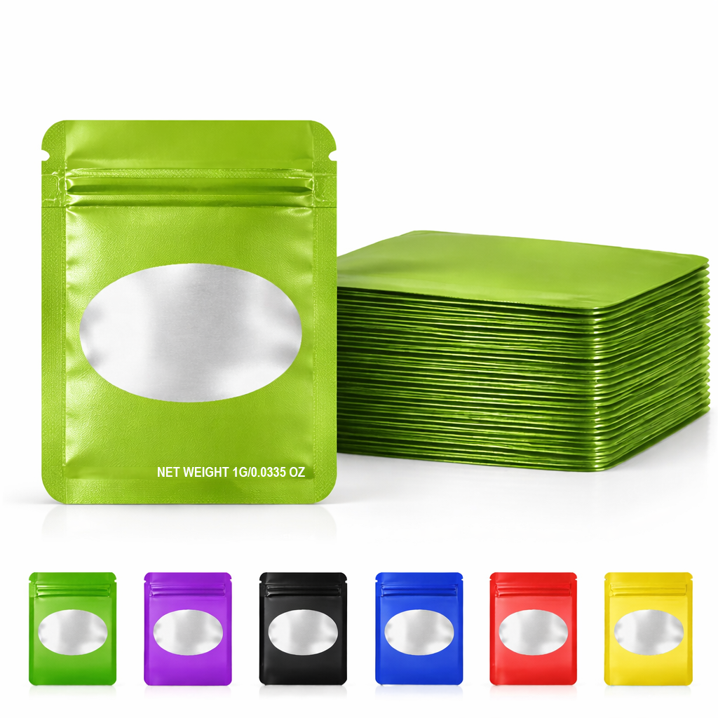 100 Pack – 1g Solid Color Mylar Bags with Oval Window - Green