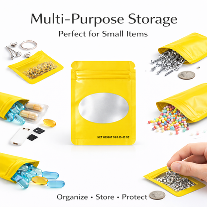 100 Pack – 1g Solid Color Mylar Bags with Oval Window - Yellow