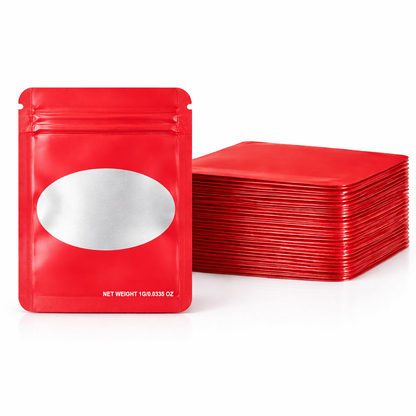 100 Pack – 1g Solid Color Mylar Bags with Oval Window - Red