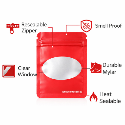 100 Pack – 1g Solid Color Mylar Bags with Oval Window - Red