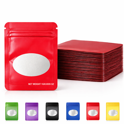 100 Pack – 1g Solid Color Mylar Bags with Oval Window - Red