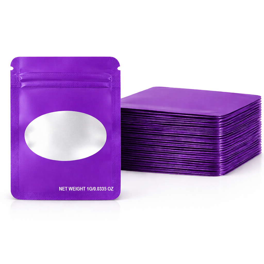 100 Pack – 1g Solid Color Mylar Bags with Oval Window - Purple