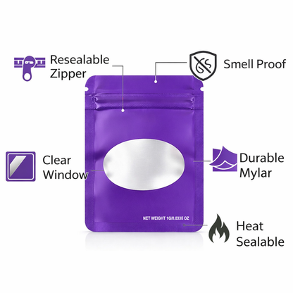 100 Pack – 1g Solid Color Mylar Bags with Oval Window - Purple