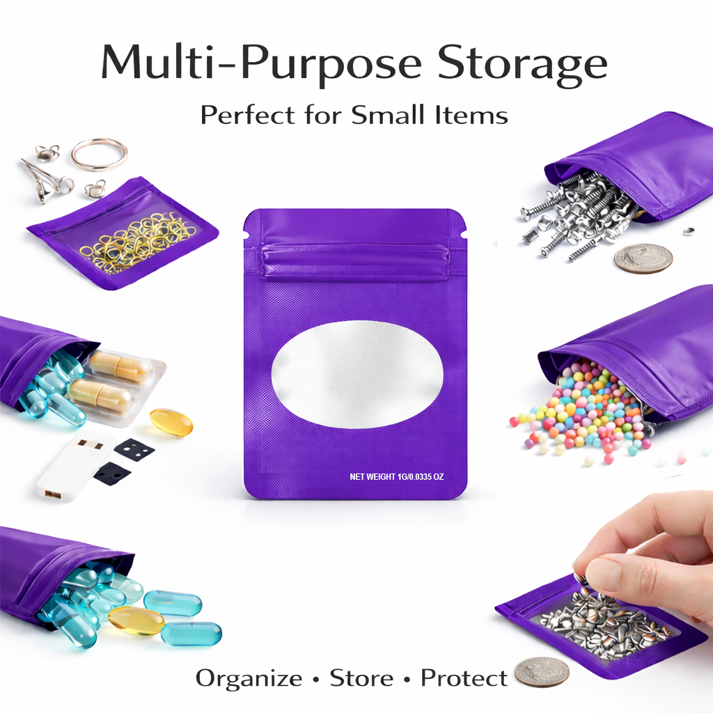 100 Pack – 1g Solid Color Mylar Bags with Oval Window - Purple