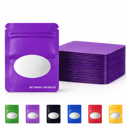 100 Pack – 1g Solid Color Mylar Bags with Oval Window - Purple