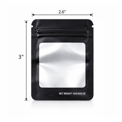 100 Pack – 1g Solid Color Mylar Bags with Square Window - Black
