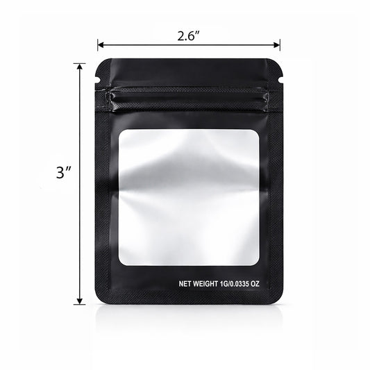 100 Pack – 1g Solid Color Mylar Bags with Square Window - Black