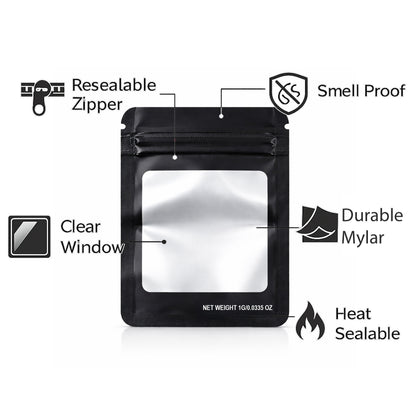 100 Pack – 1g Solid Color Mylar Bags with Square Window - Black