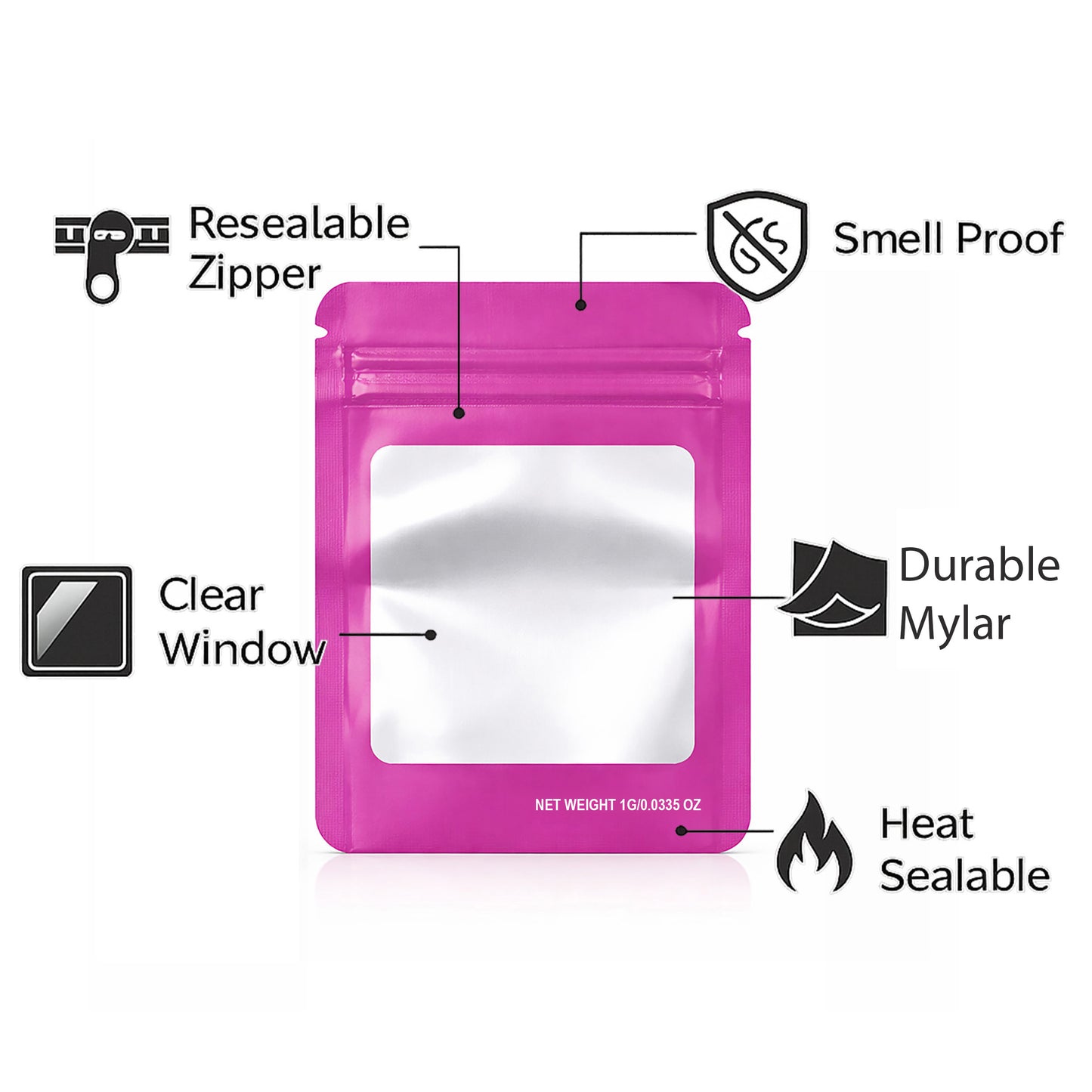 100 Pack – 1g Solid Color Mylar Bags with Square Window - Pink