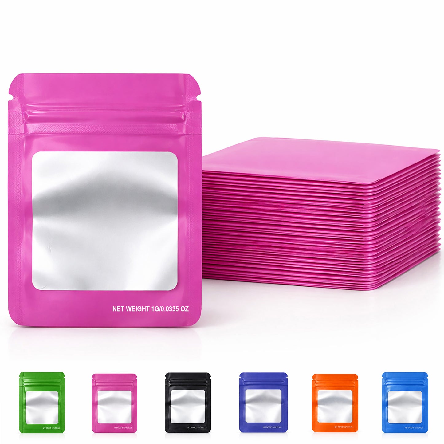 100 Pack – 1g Solid Color Mylar Bags with Square Window - Pink