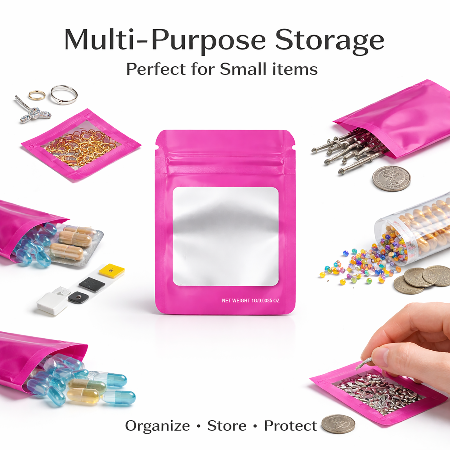 100 Pack – 1g Solid Color Mylar Bags with Square Window - Pink