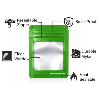 100 Pack – 1g Solid Color Mylar Bags with Square Window - Green