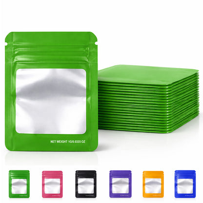 100 Pack – 1g Solid Color Mylar Bags with Square Window - Green