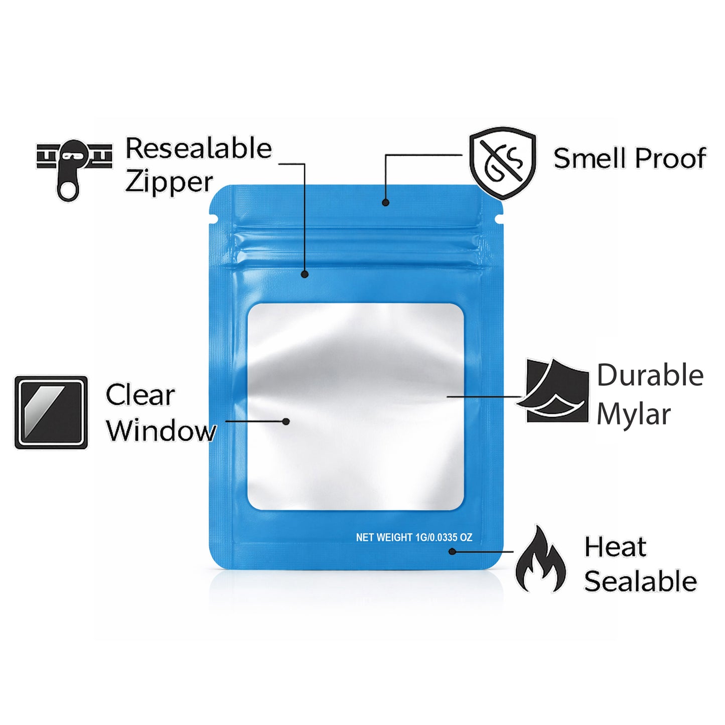 100 Pack – 1g Solid Color Mylar Bags with Square Window - Light Blue