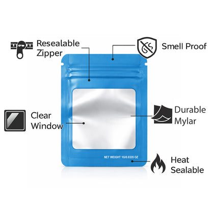 100 Pack – 1g Solid Color Mylar Bags with Square Window - Light Blue