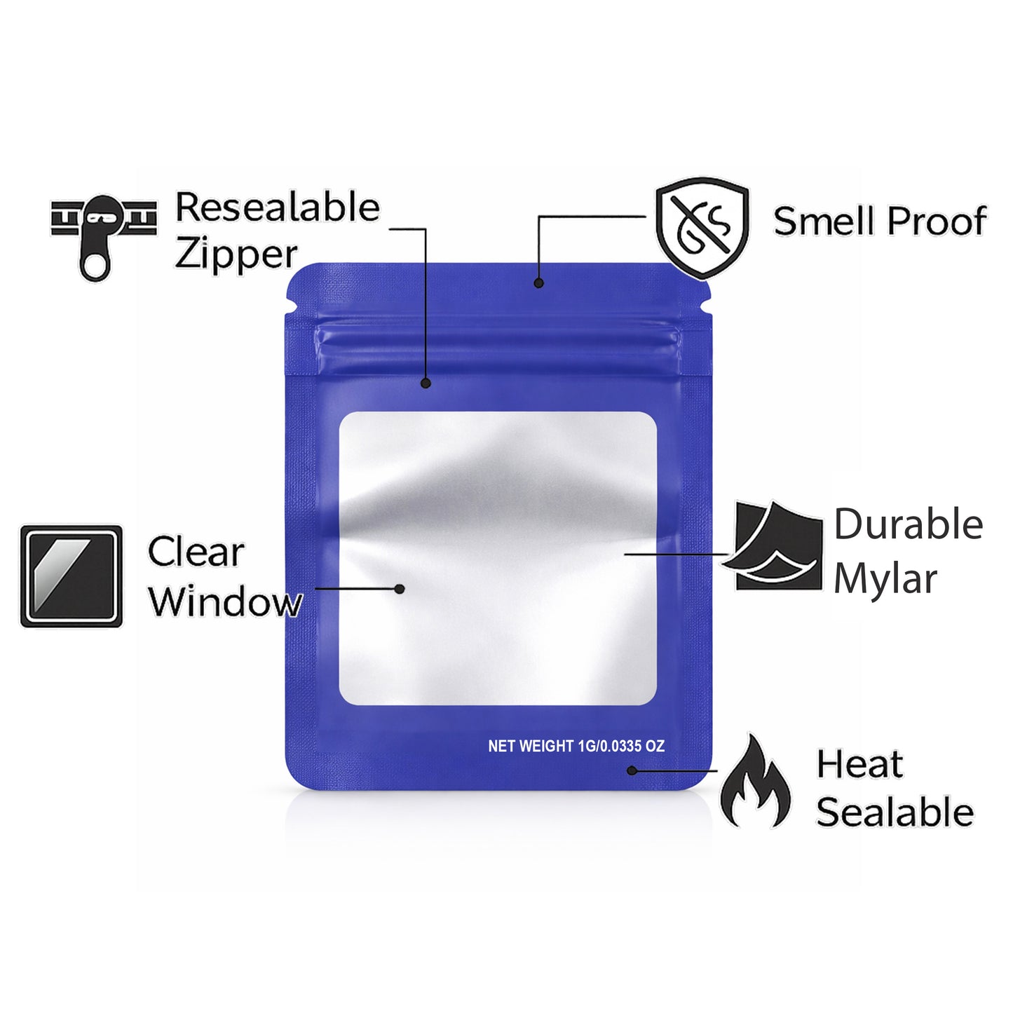 100 Pack – 1g Solid Color Mylar Bags with Square Window - Purple