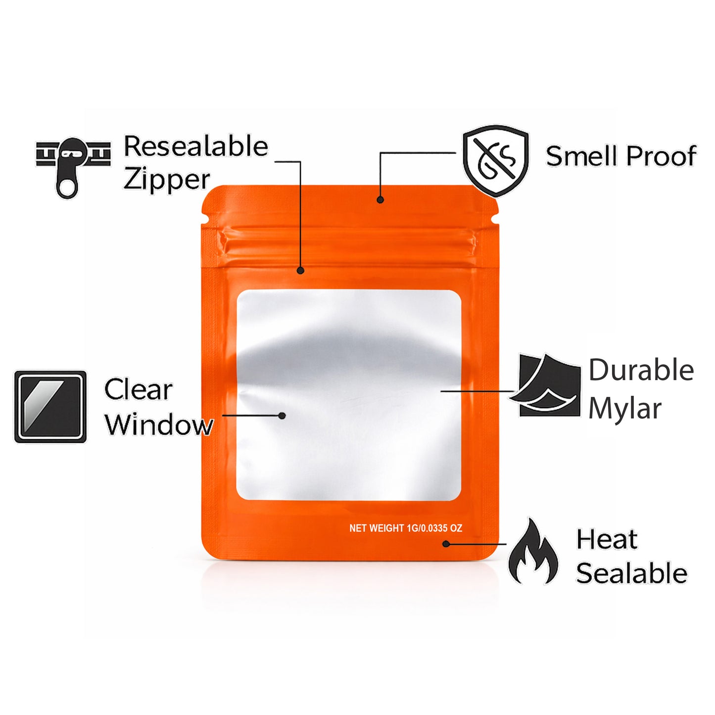 100 Pack – 1g Solid Color Mylar Bags with Square Window - Orange