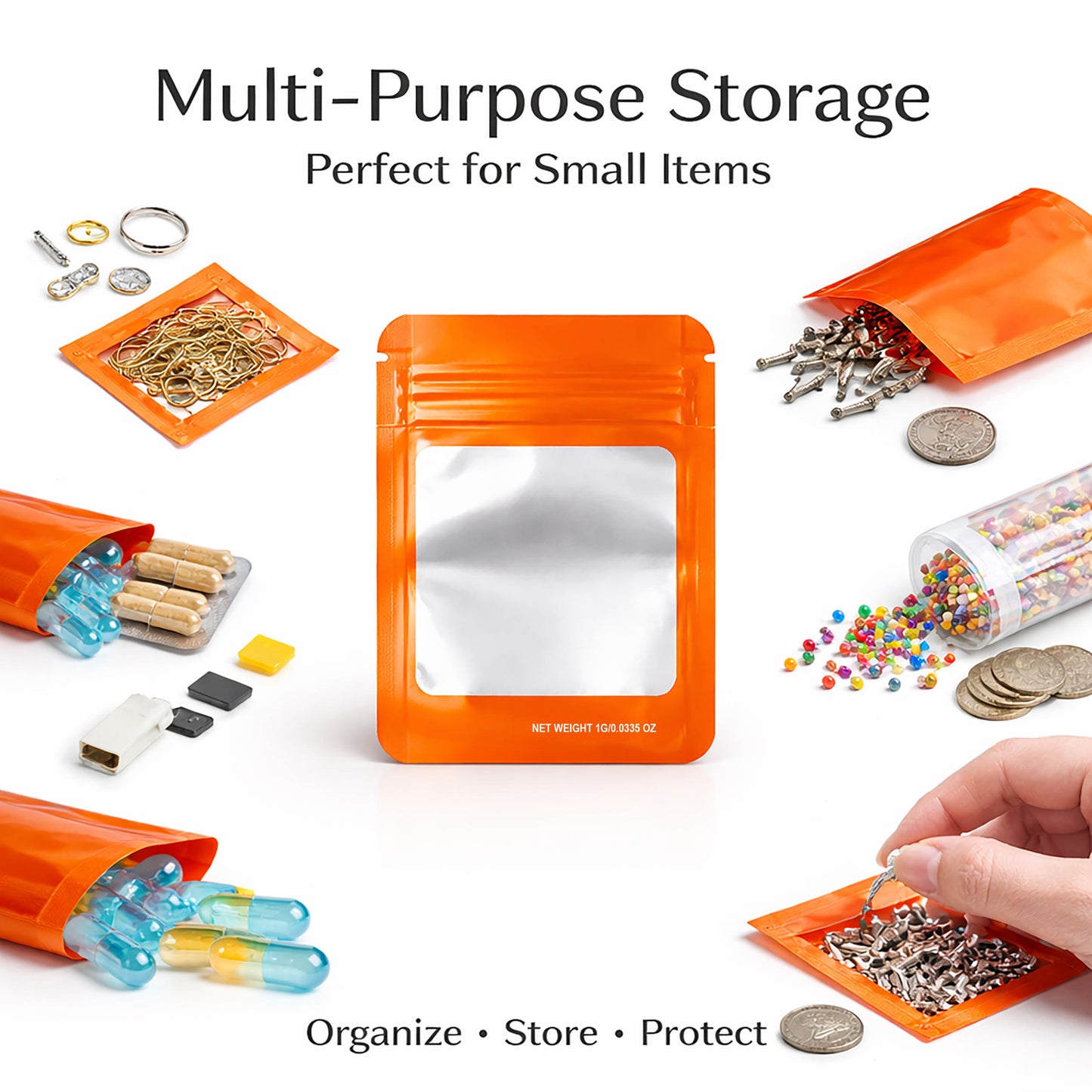 100 Pack – 1g Solid Color Mylar Bags with Square Window - Orange