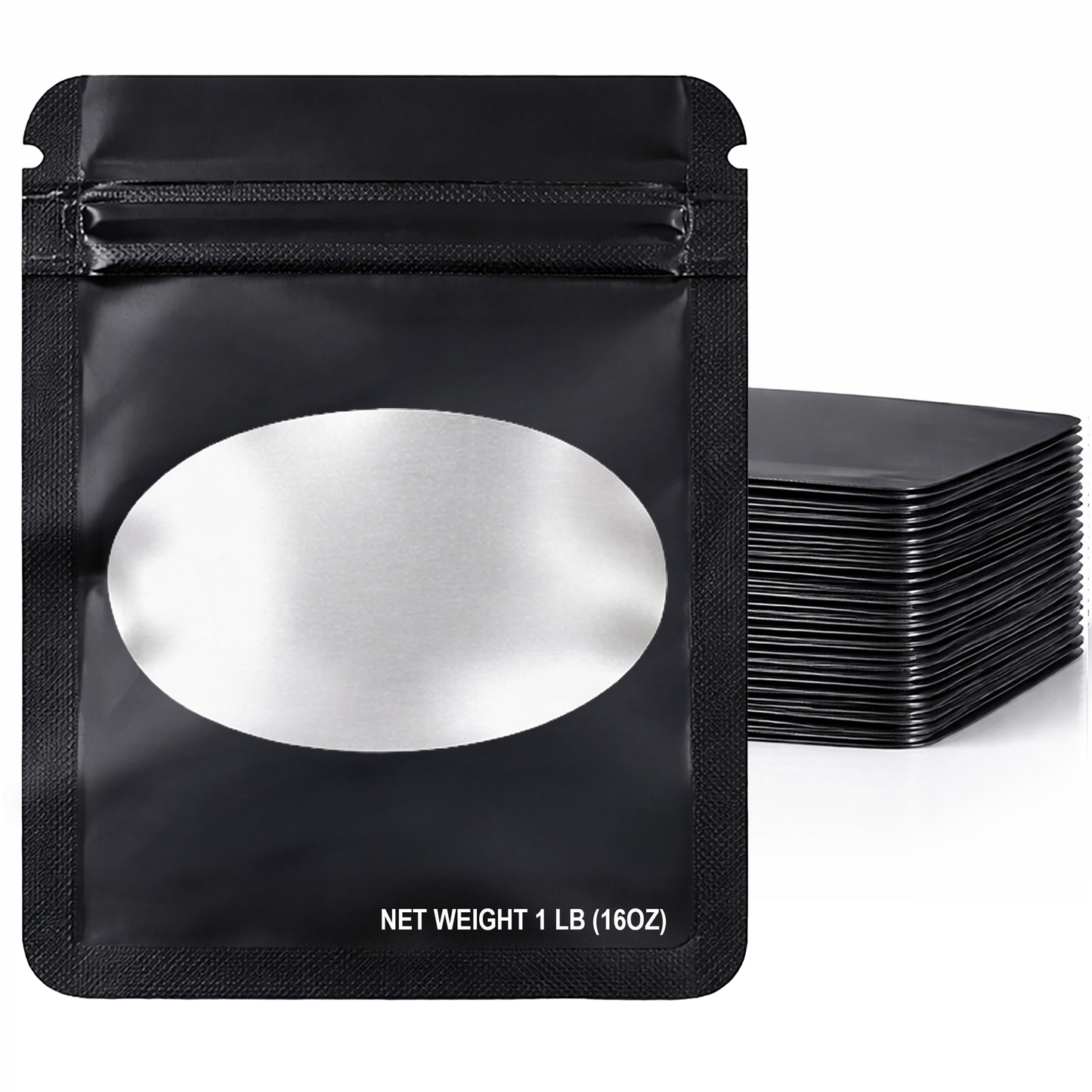 25 Pack – 1lb Solid Color Mylar Bags with Oval Window - Black