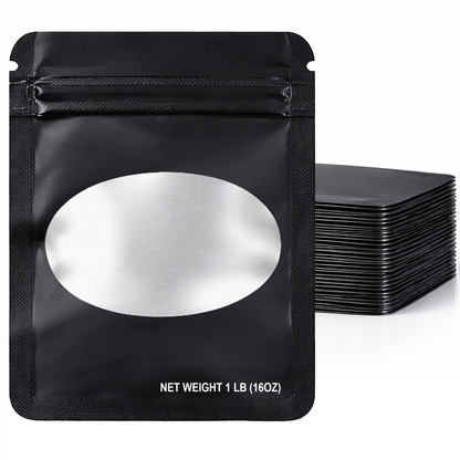 25 Pack – 1lb Solid Color Mylar Bags with Oval Window - Black