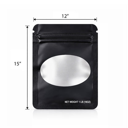 25 Pack – 1lb Solid Color Mylar Bags with Oval Window - Black