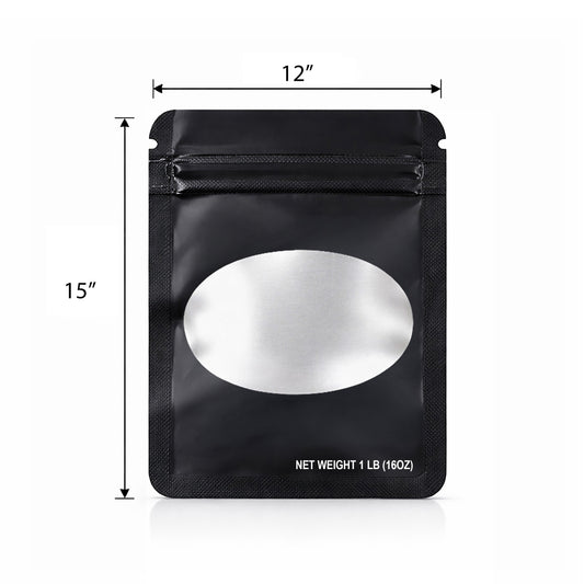 25 Pack – 1lb Solid Color Mylar Bags with Oval Window - Black