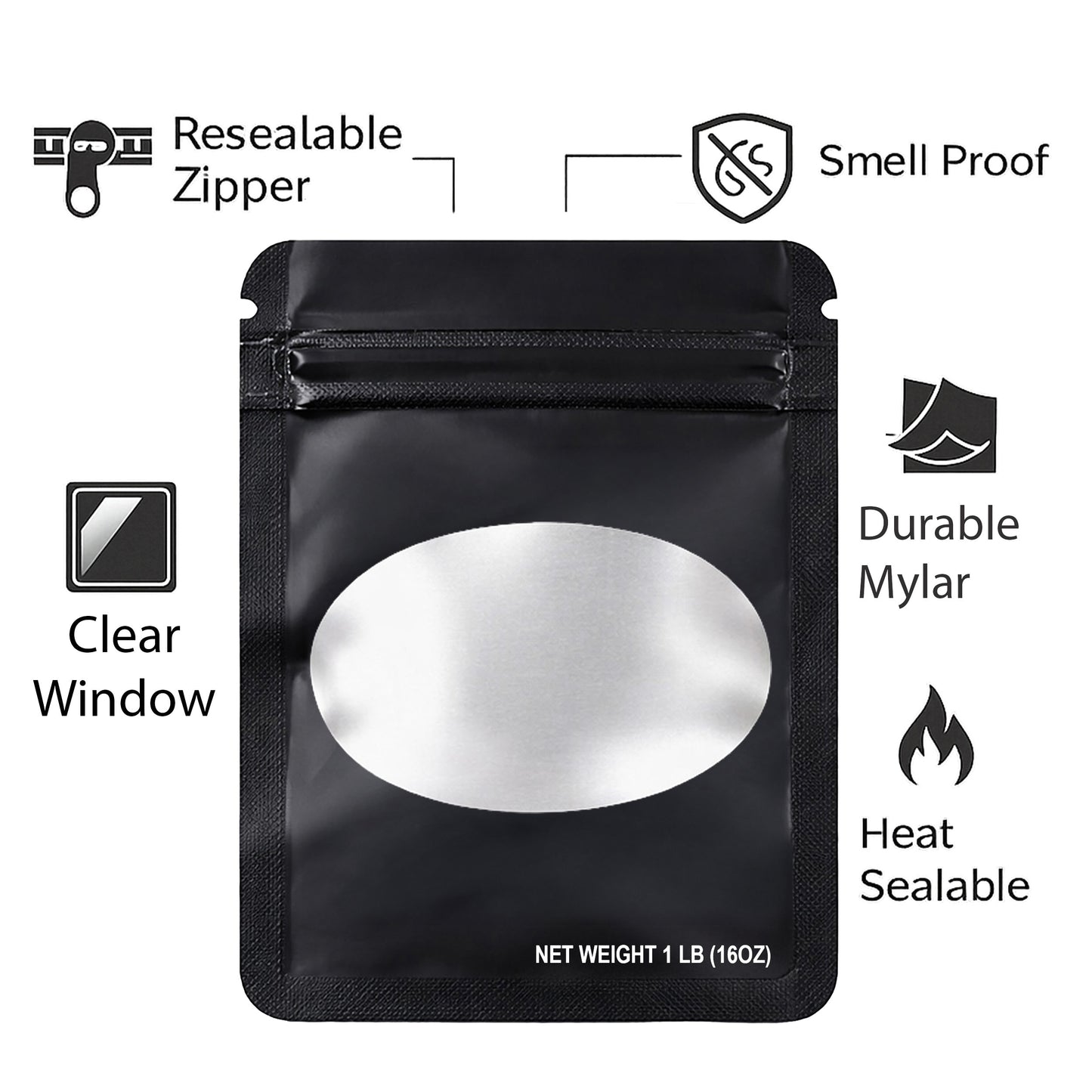 25 Pack – 1lb Solid Color Mylar Bags with Oval Window - Black