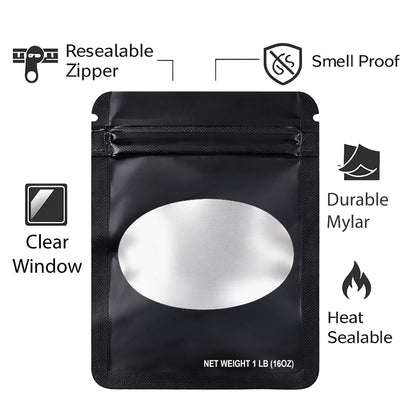 25 Pack – 1lb Solid Color Mylar Bags with Oval Window - Black