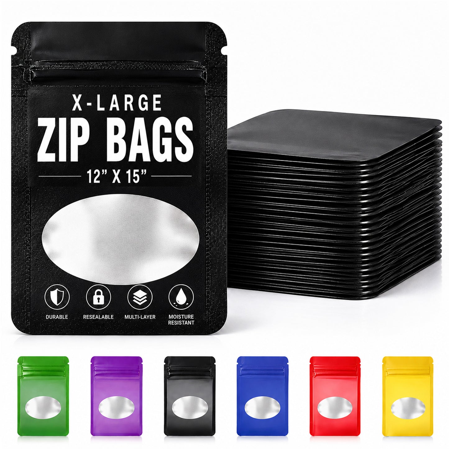25 Pack - X-Large Solid Color Zip-Seal Foil Pouches (12"x15") Oval Window Selection